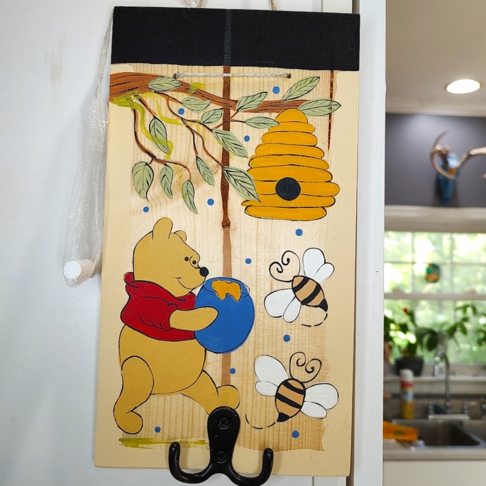 Hand Painted Winnie The Pooh Wooden chalkboard wall sign with hooks honey & bees